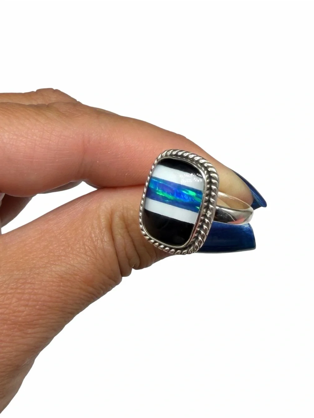 Aurora Fire Opal Black Onyx Striped Ring Size 9 Solid 925 Sterling Silver Blue